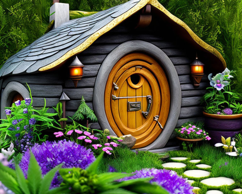 Whimsical cottage door in lush garden setting