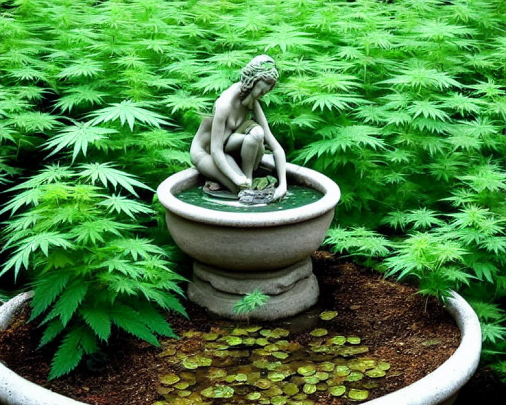 Woman sculpture in fountain with green ferns and scattered coins