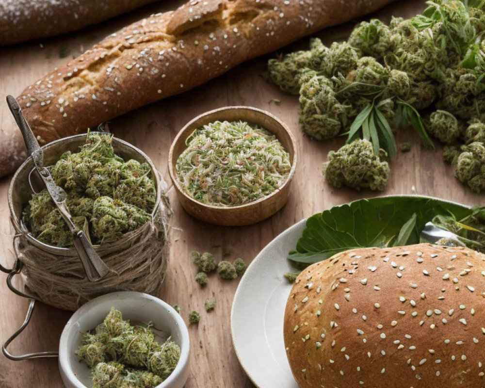 Rustic wooden table with fresh bread and cannabis buds and leaves