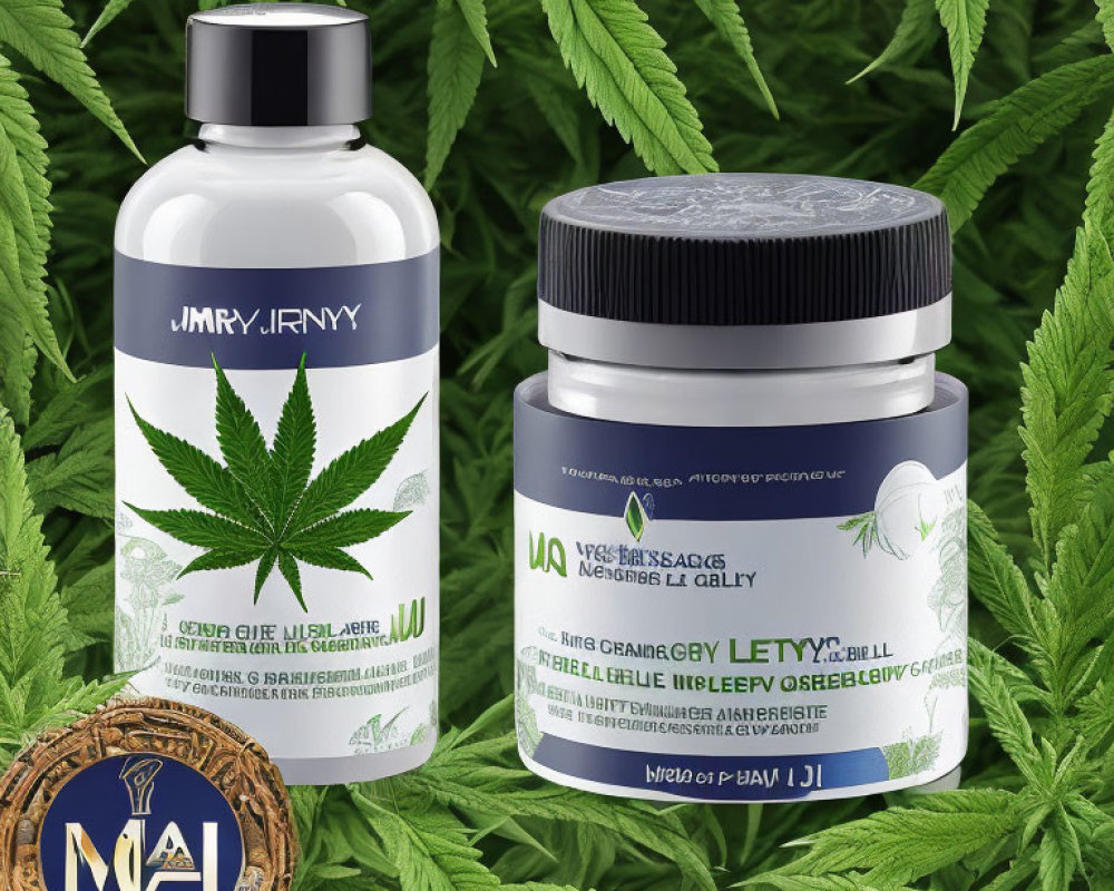 Cannabis-Infused Skincare Products with Bottle and Jar on Cannabis Leaves Background