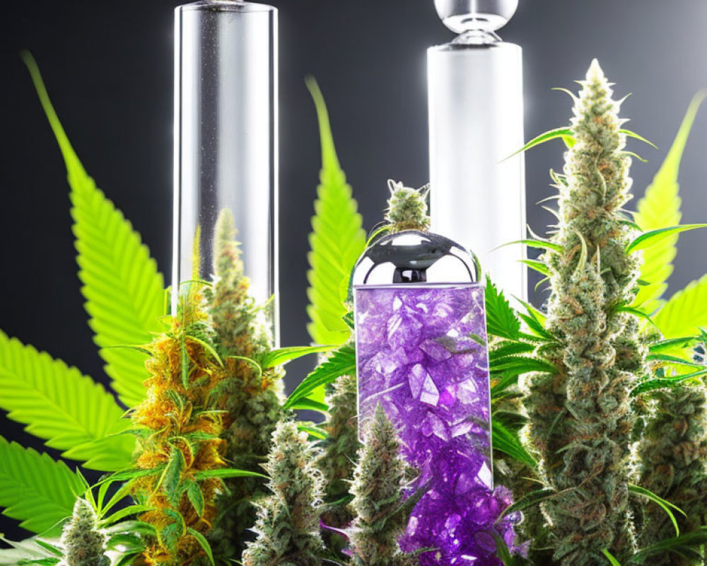 Glass Bottles with Crystal and Metallic Caps Next to Cannabis Leaves and Buds