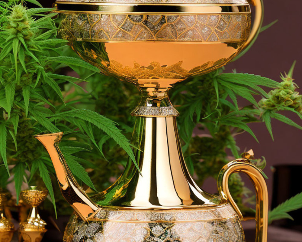 Golden Teapot with Intricate Patterns and Cannabis Plant Background