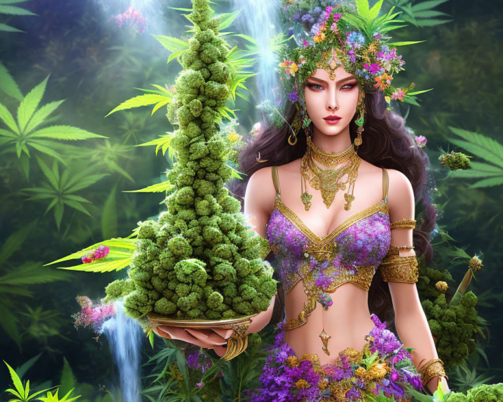 Fantasy illustration of woman with floral and cannabis motifs holding large bud