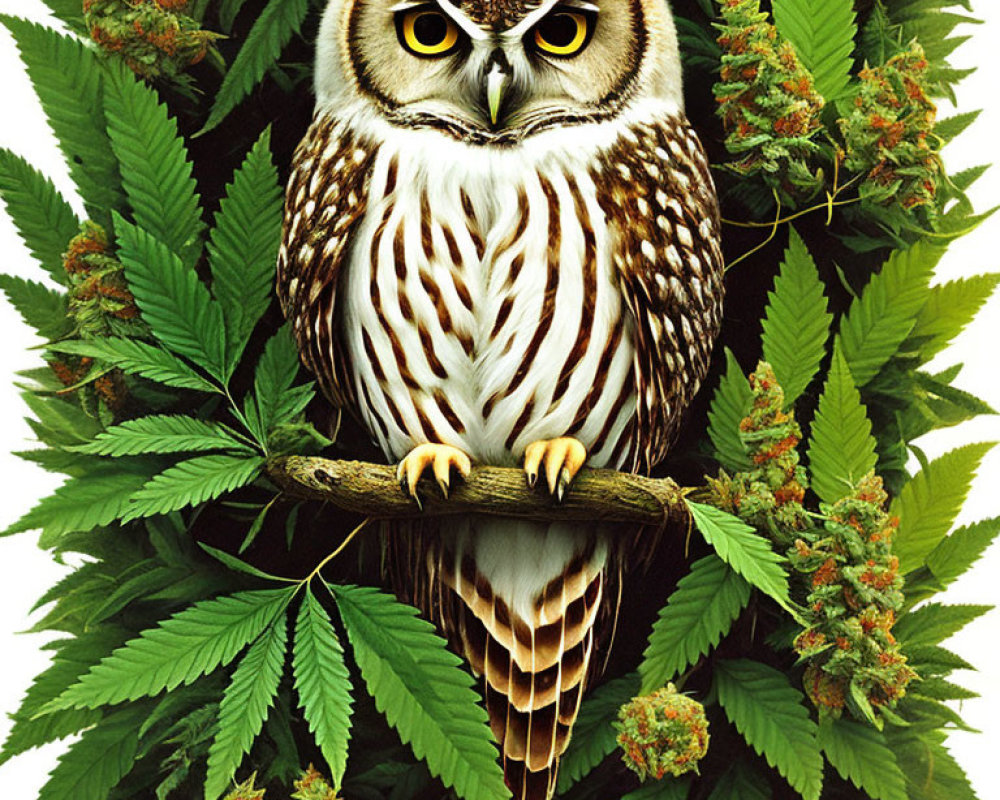 Owl perched on branch among cannabis leaves