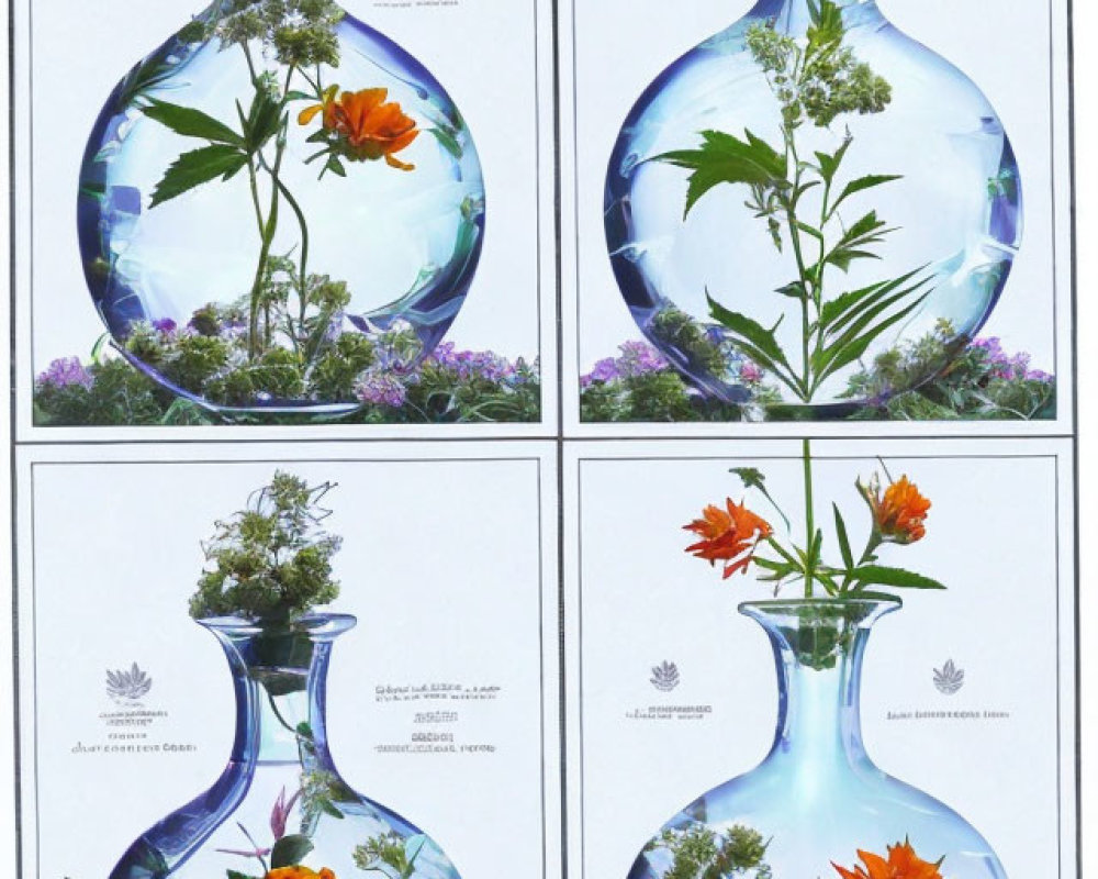 Transparent Vases with Colorful Flowers and Leaves Arrangements on White Background