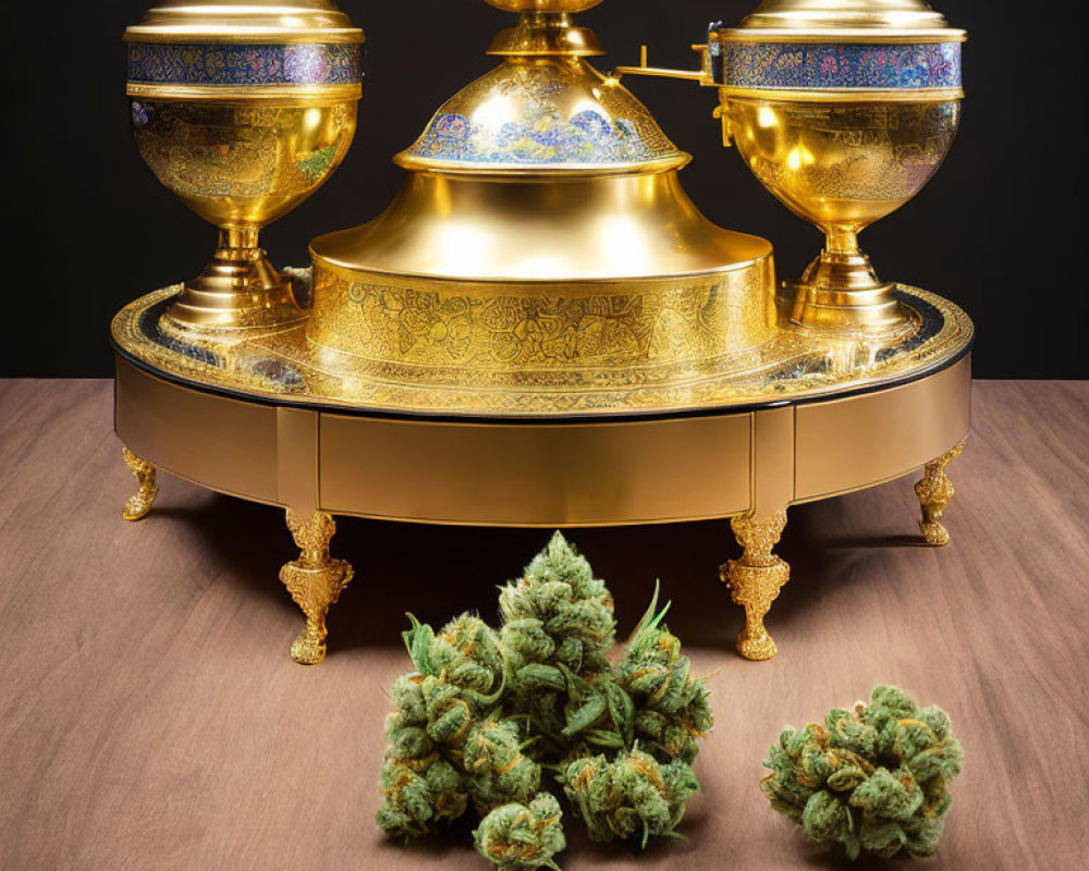 Golden containers with intricate designs on circular tray beside cannabis buds on wooden surface against black background.