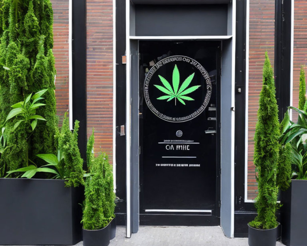 Storefront with glass door and cannabis leaf logo, surrounded by potted plants.