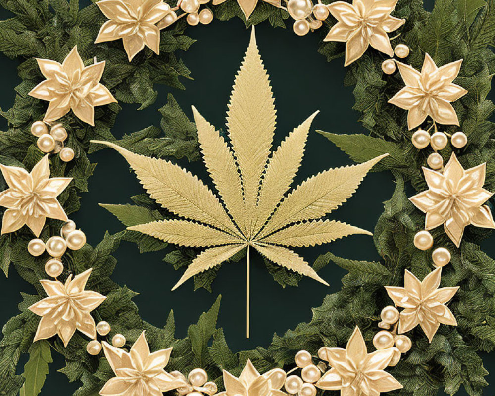 Symmetrical decorative wreath surrounding large cannabis leaf