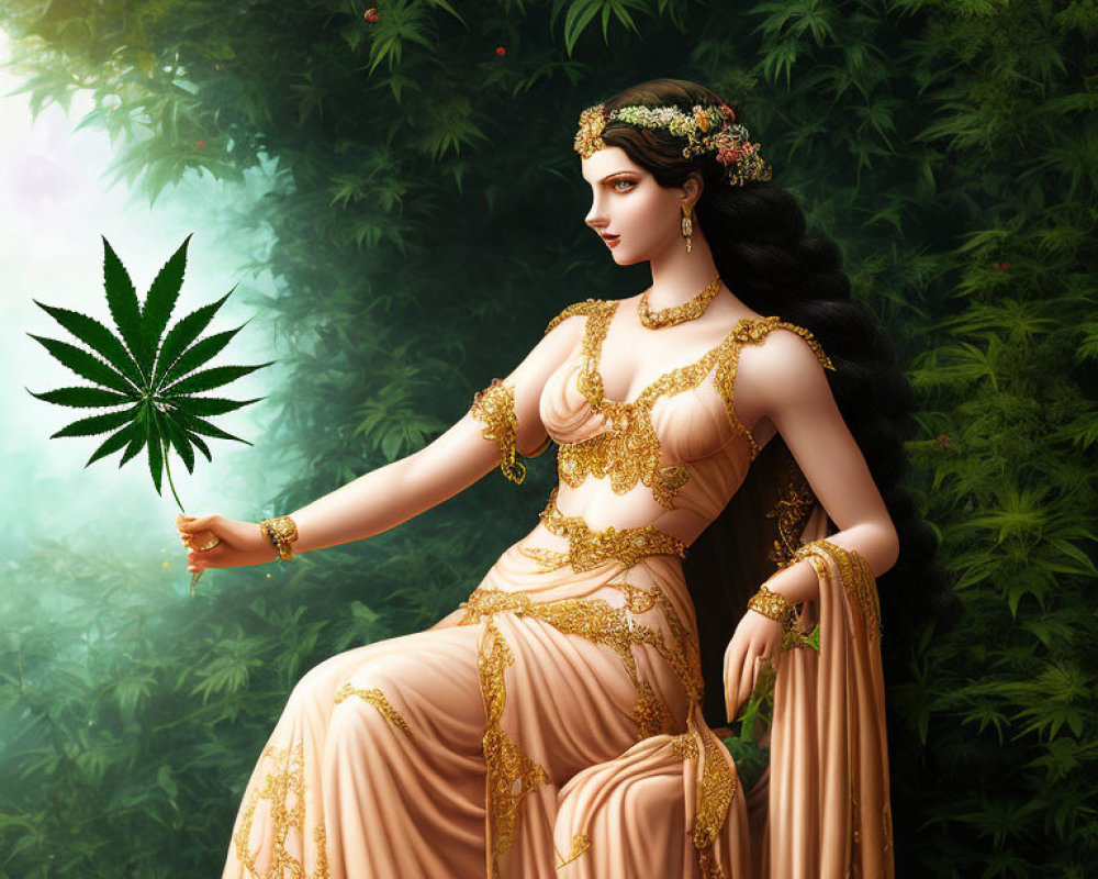 Mystical woman in peach gown with cannabis leaf in lush greenery