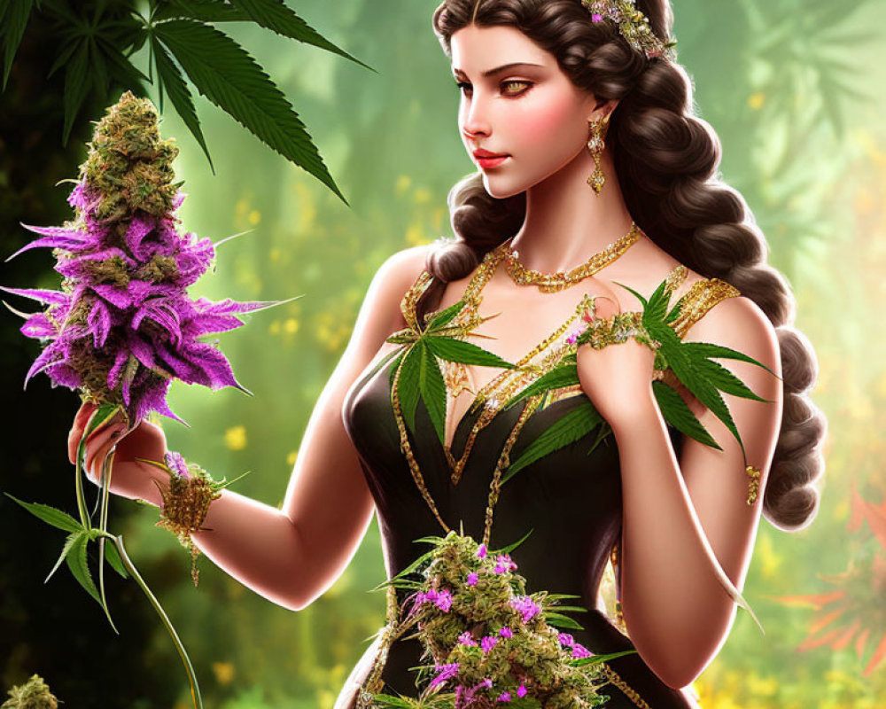 Digital artwork: Woman with ornate jewelry and tiara holding purple cannabis flower in lush greenery.