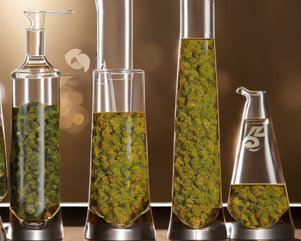 Transparent Glass Containers with Green Herbal Substance on Golden-Brown Background