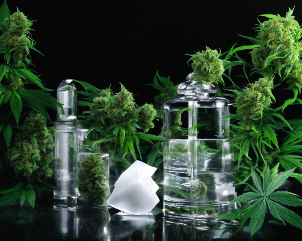 Various cannabis buds, glass container, rolled paper, and grinder on reflective surface.