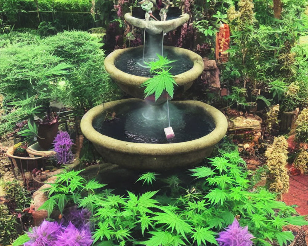 Tiered Fountain with Lush Greenery and Purple Plants