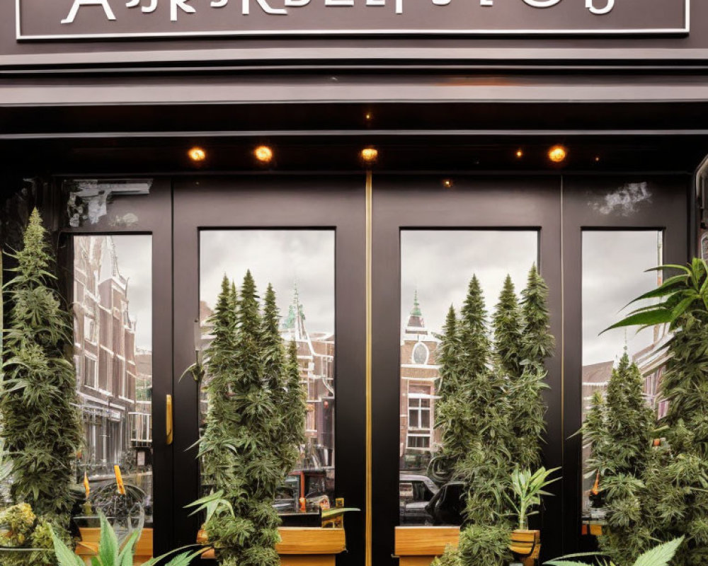 Storefront with large cannabis plants and Cyrillic sign under hanging light bulbs against cloudy sky