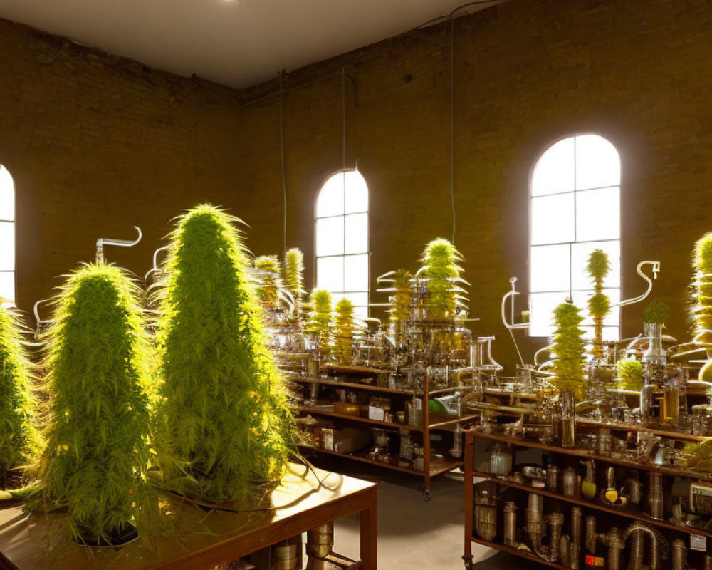 Indoor laboratory with green plants, scientific equipment, brick walls, and arched windows