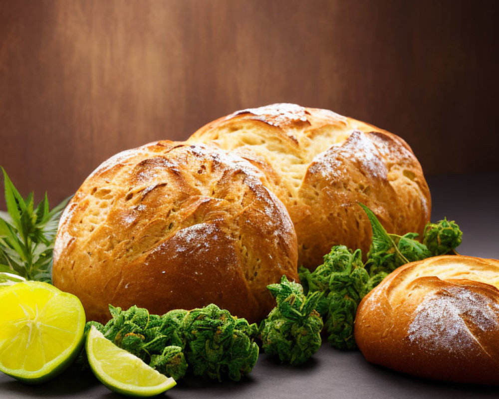 Fresh artisan bread loaves with crispy crusts and herbs on dark background