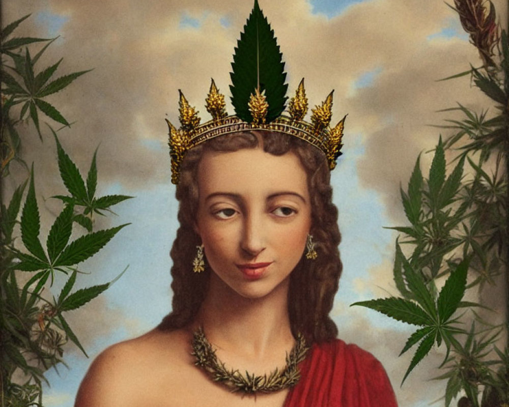 Woman with Cannabis Leaf Crown and Necklace in Sky Setting surrounded by Plants