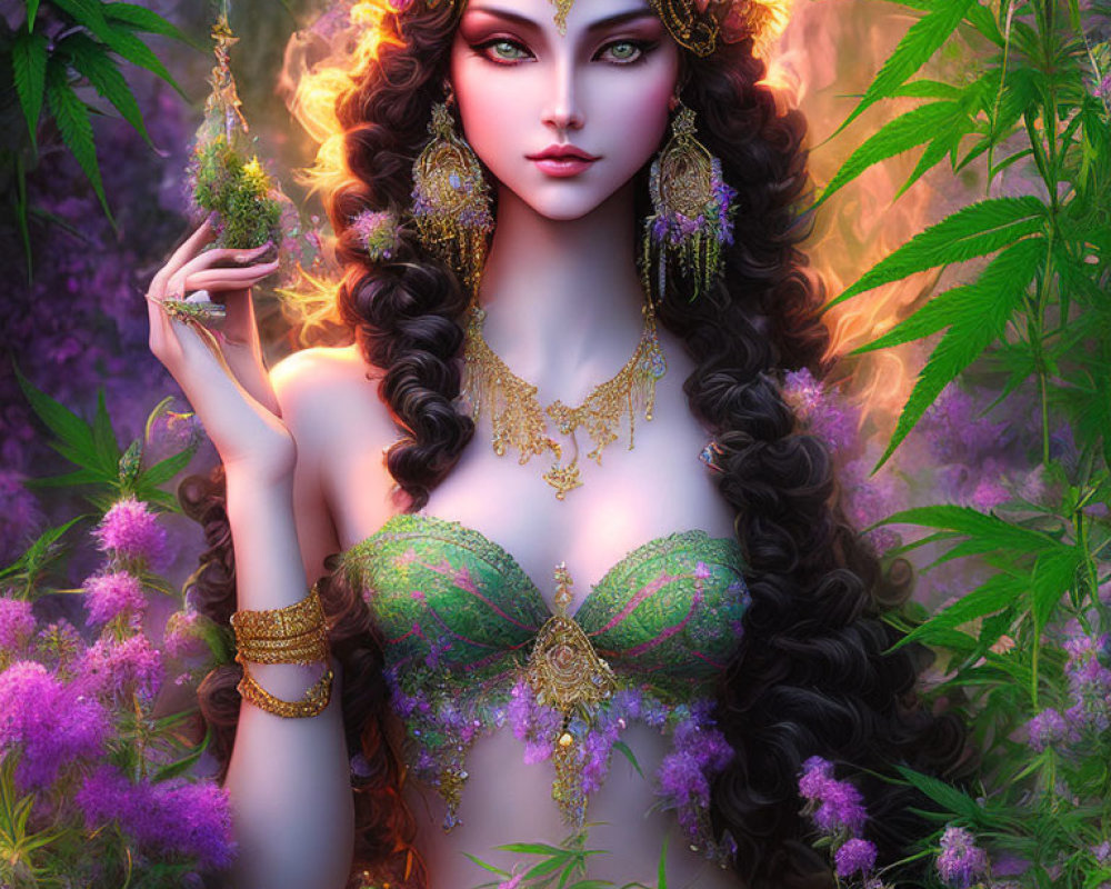 Fantastical woman adorned with jewelry in magical forest scenery