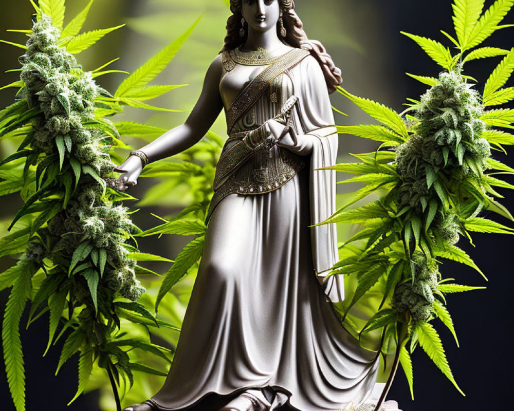 Lady Justice Statue Among Cannabis Plants with Scales and Sword