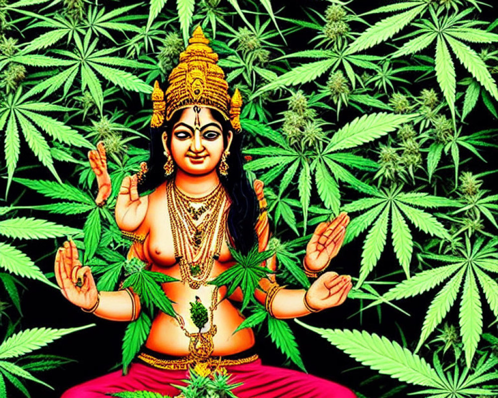 Vibrant illustration: Four-armed deity in lotus position with cannabis leaves backdrop