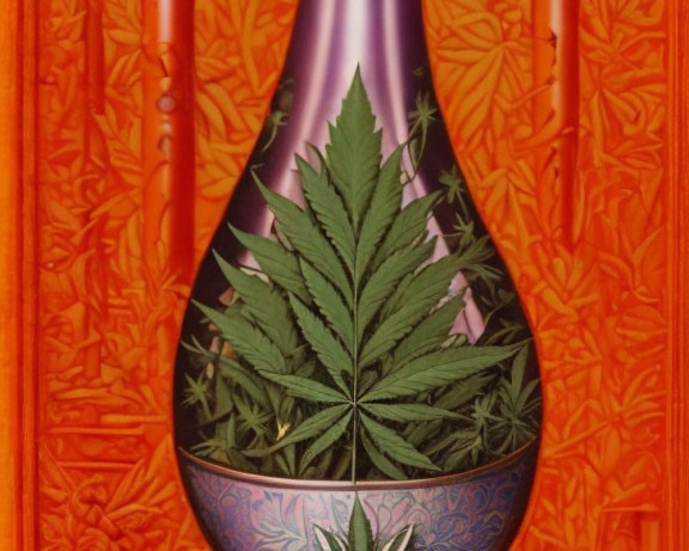 Decorative cannabis leaf bottle on ornate orange background