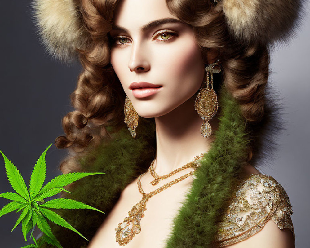 Luxurious fur hat and green feathered attire with gold jewelry next to cannabis leaf symbol