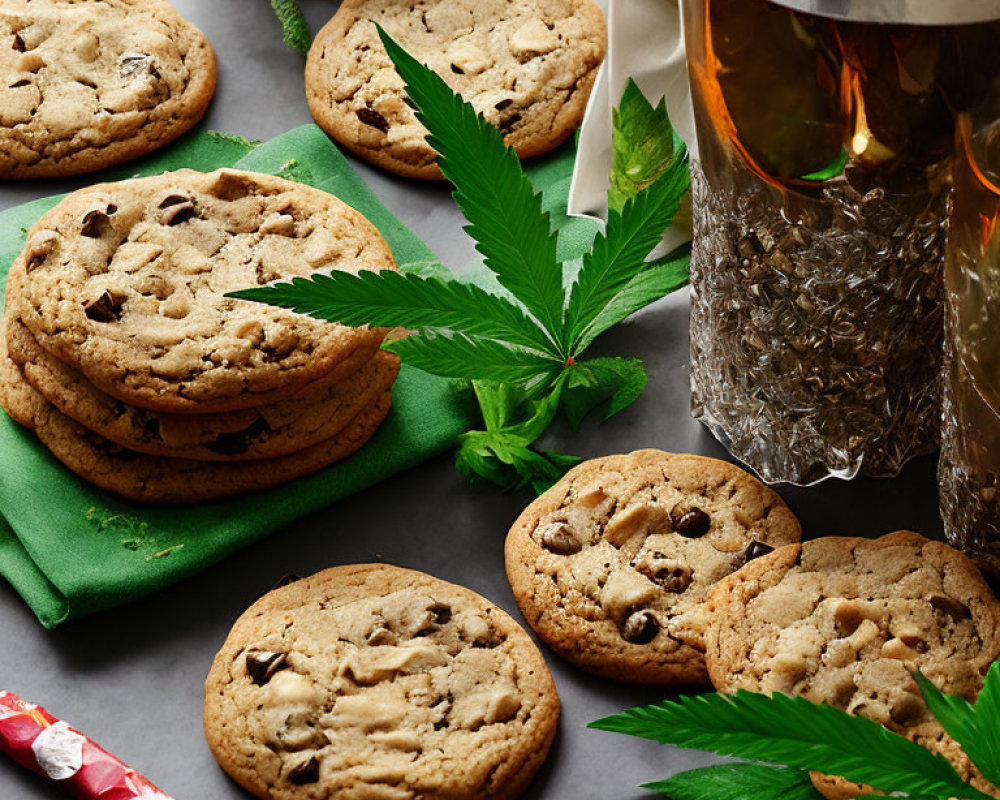 Chocolate chip cookies with cannabis leaves and jar on table