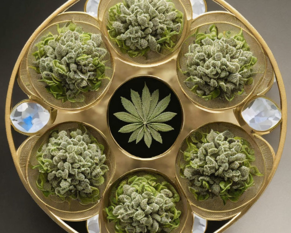 Golden Tray with Eight Compartments, Green Plants, Cannabis Leaf, and Crystal Accents