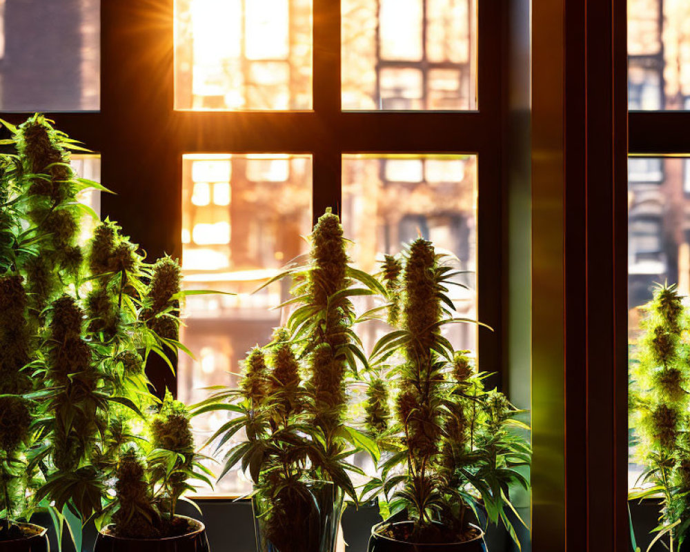 Sunlit indoor cannabis plants by grid-pattern window at sunset