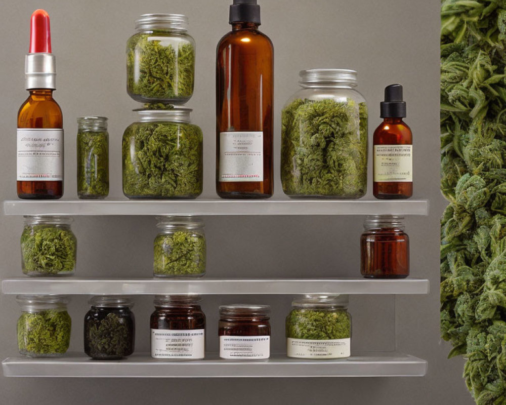 Herb-filled labeled jars and bottles on shelves with greenery against gray backdrop