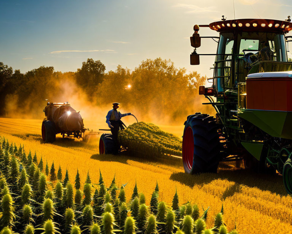 Person spraying crop field at sunset with tractor sprayer