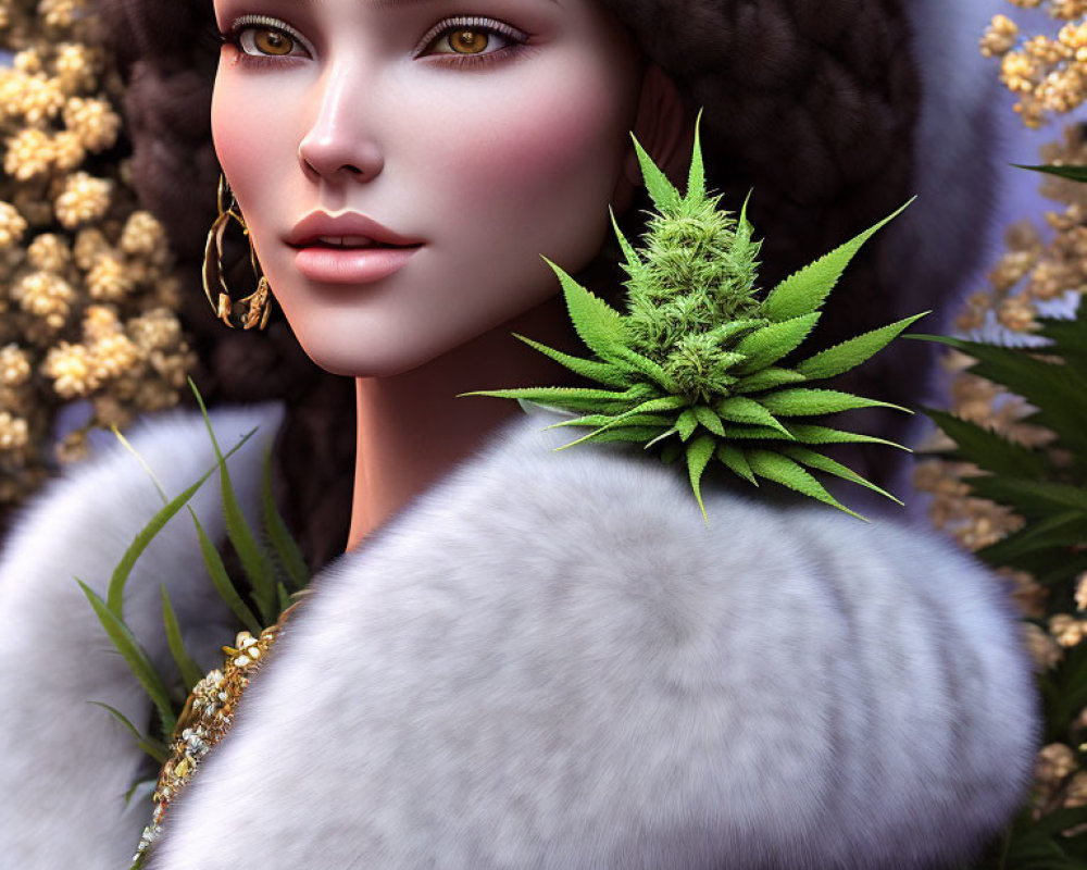 3D rendered portrait of woman with flawless skin in white fur coat and gold earrings with cannabis leaf and