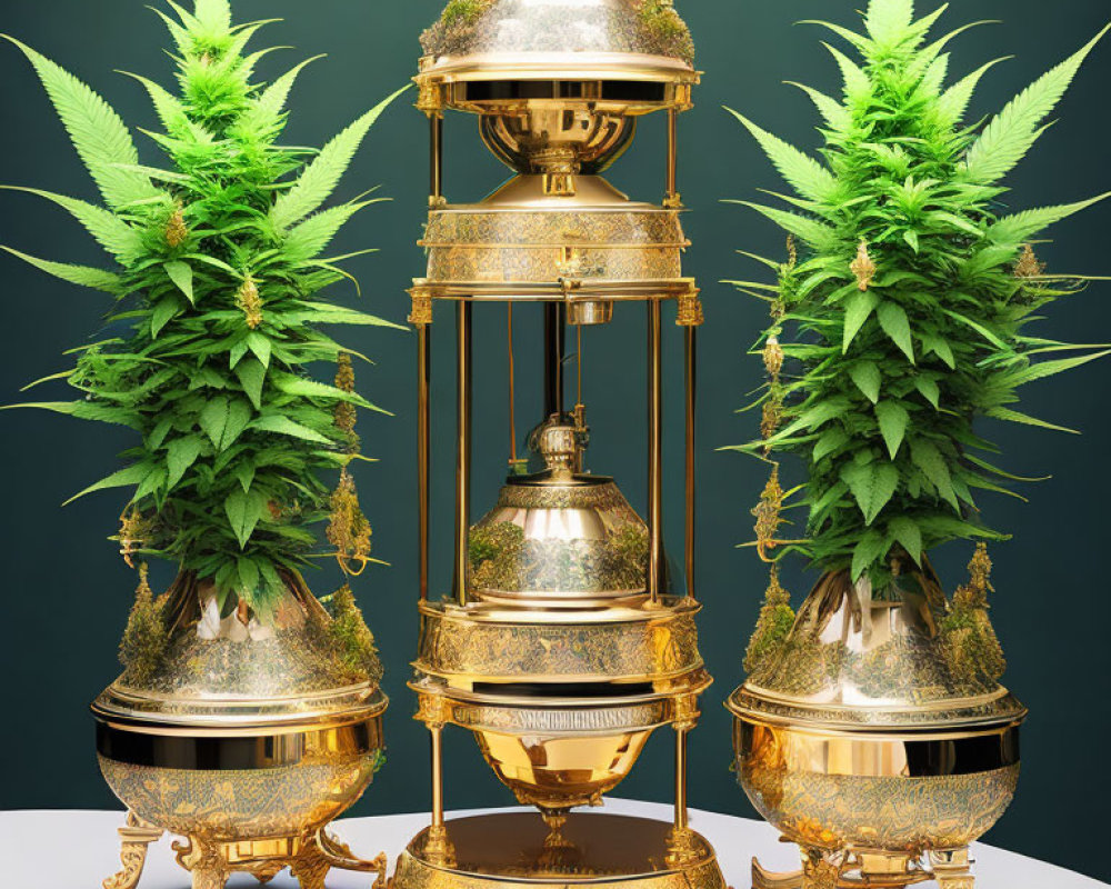 Golden urns with cannabis plants on teal background