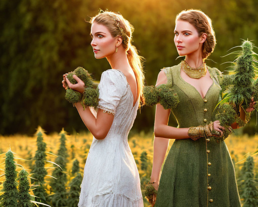 Vintage dresses worn by two women among tall plants in golden-hour sunlight