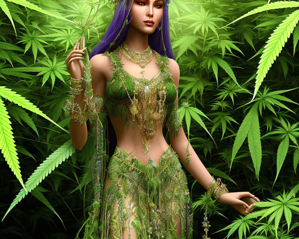 Purple-haired fantasy character in green and gold attire with cannabis leaves.