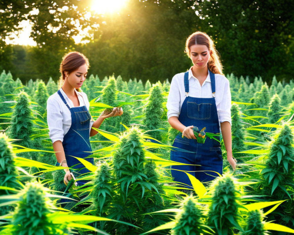 Two women in aprons caring for cannabis plants at sunset