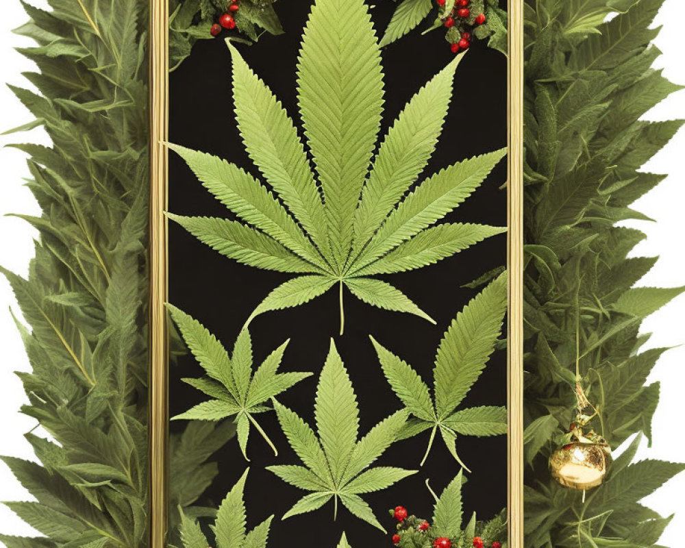 Artistic display: Cannabis leaves in varying sizes on black background with berry garlands and golden ornaments