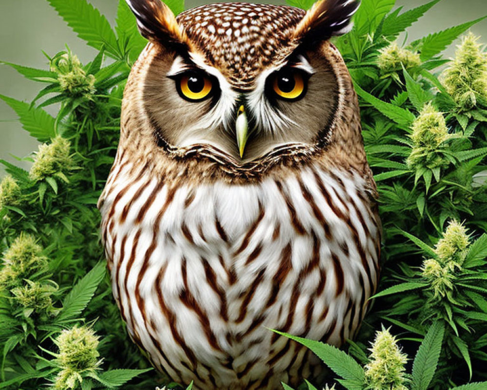 Yellow-eyed Owl Over Green Cannabis Leaves Background