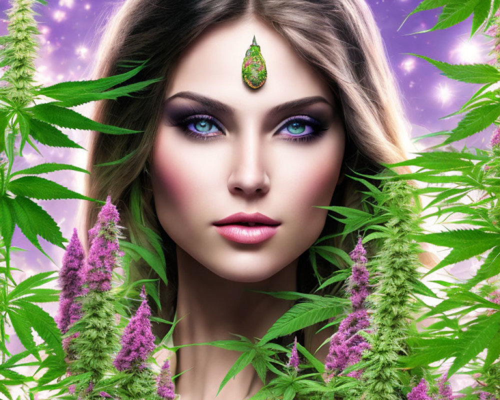 Woman with Blue Eyes Among Purple Cannabis Leaves and Leaf-Shaped Gem