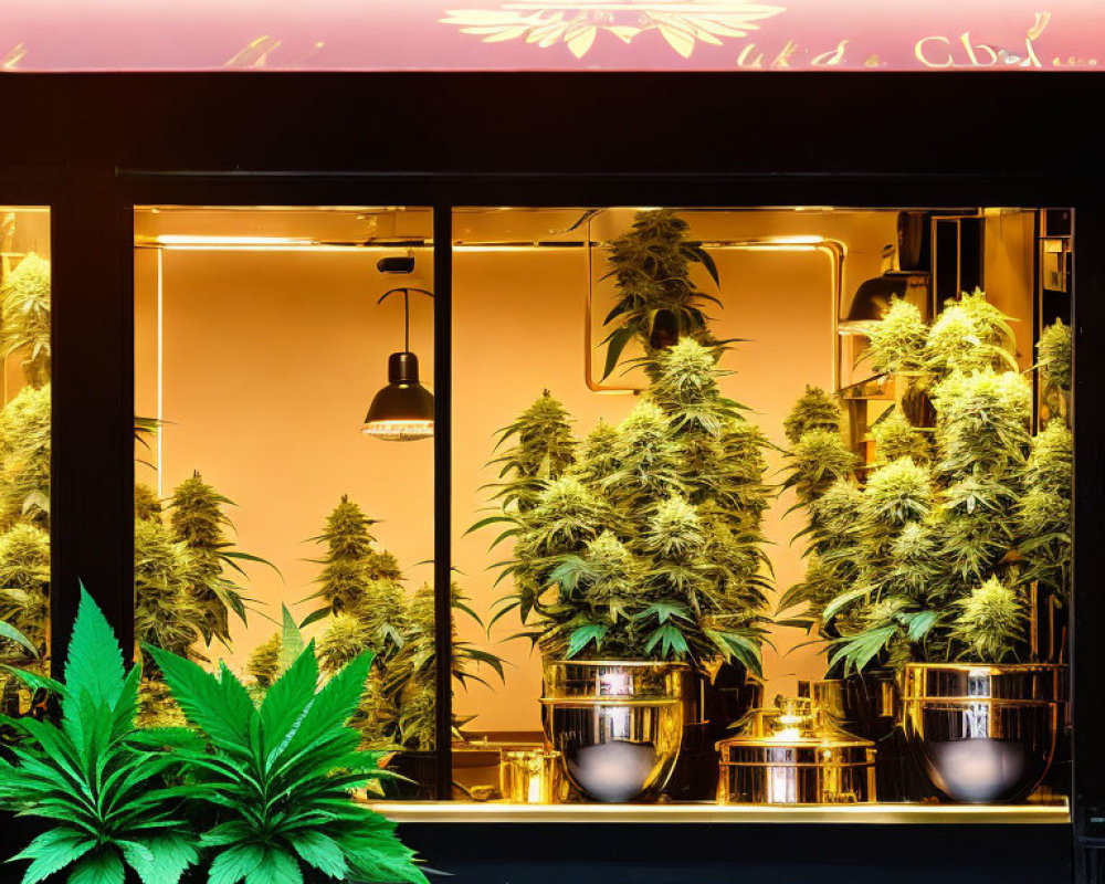 Storefront window with large cannabis plants under warm lights