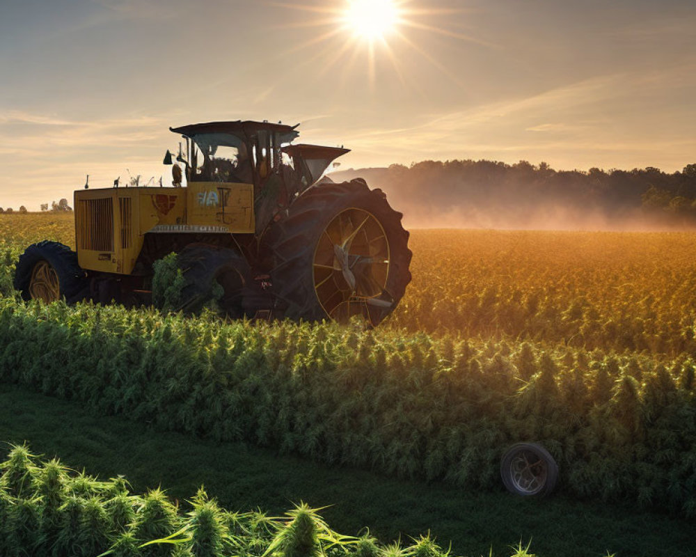 Tractor in crop field at sunset with warm glow