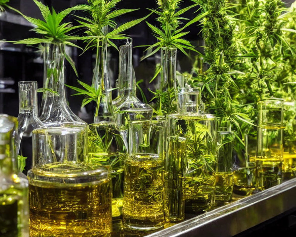 Glass beakers and flasks with amber liquid among cannabis plants in a laboratory setting