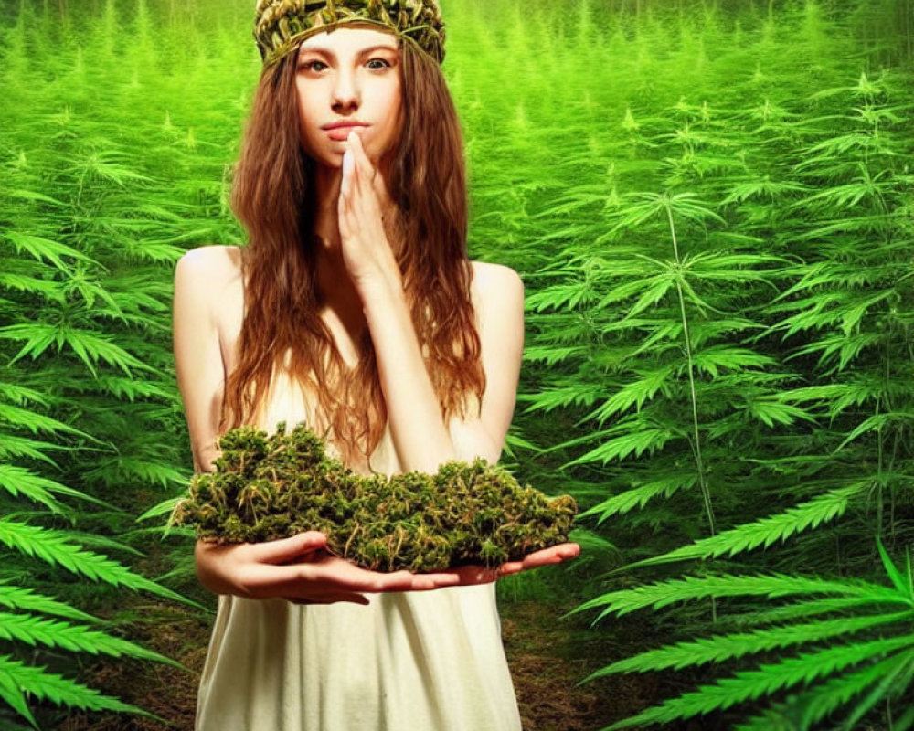 Woman in nature-inspired outfit with cannabis in lush greenery