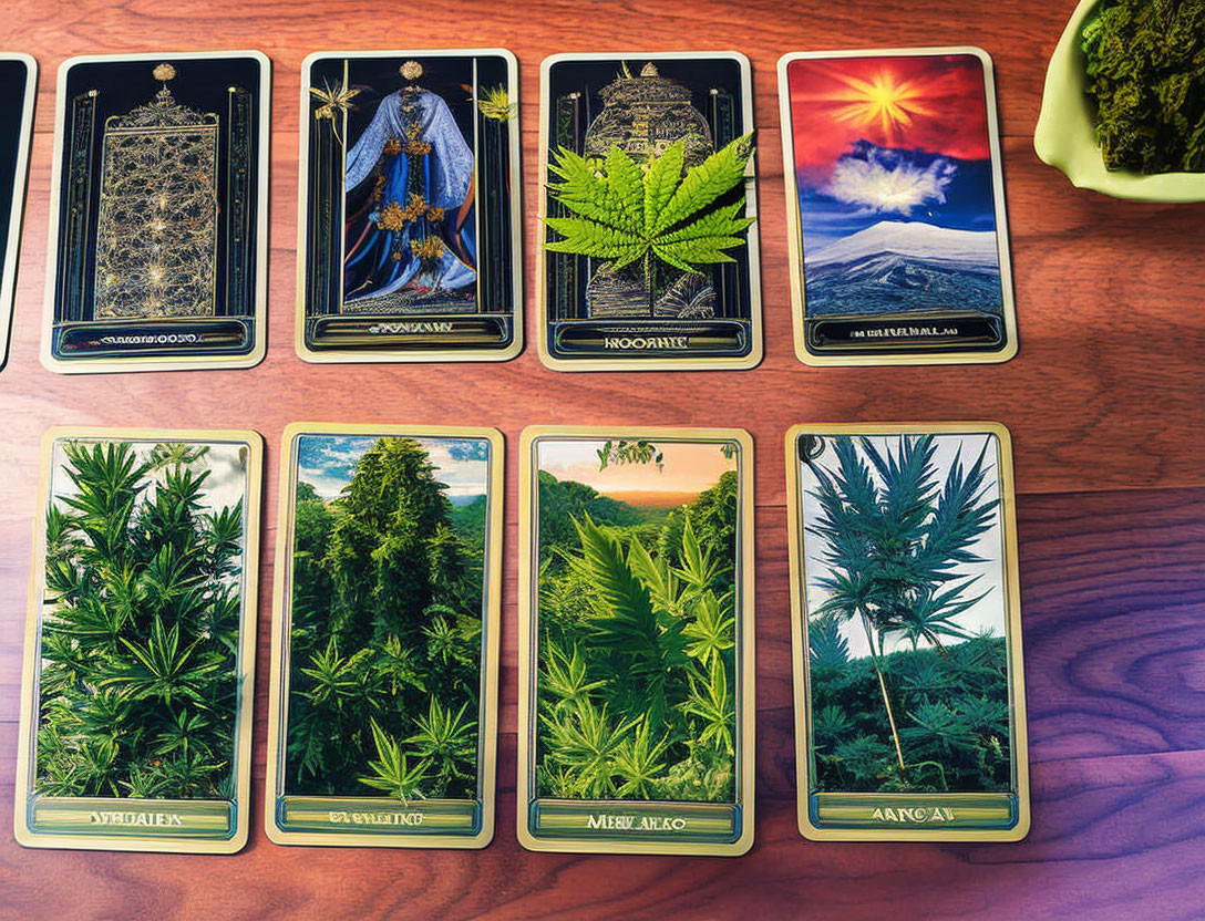 Cannabis-themed tarot card on wooden surface