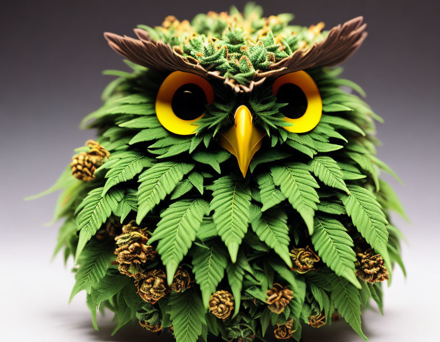 Artistic owl depiction with cannabis leaves feathers and pine cone features