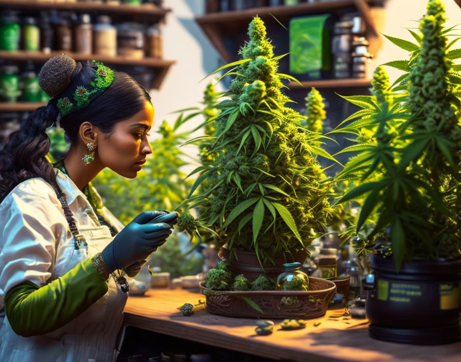 Female scientist studying cannabis plant in fully equipped grow room