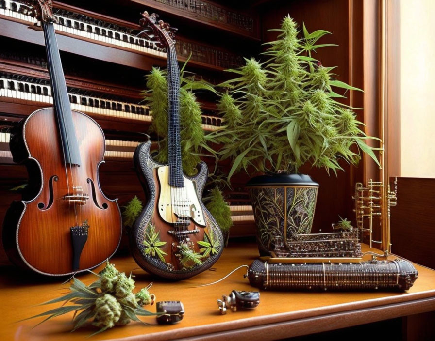 Musical instruments, cannabis plants, urn, and Indian instrument on shelf near piano