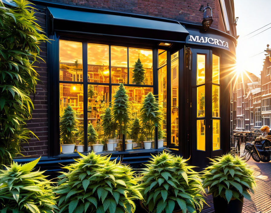 Corner building at dusk with large windows, lush green plants, and parked bicycle