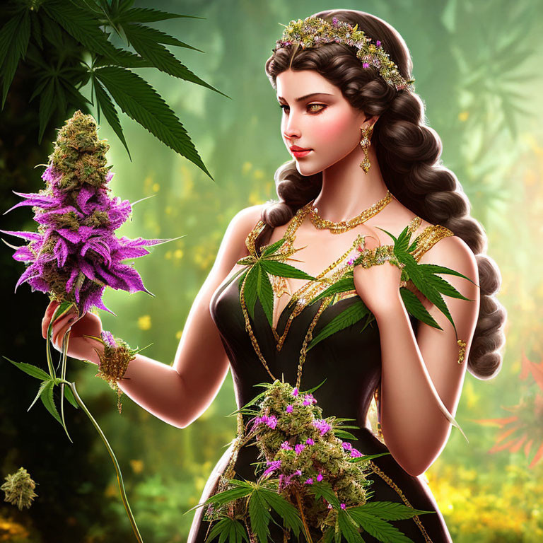 Digital artwork: Woman with ornate jewelry and tiara holding purple cannabis flower in lush greenery.