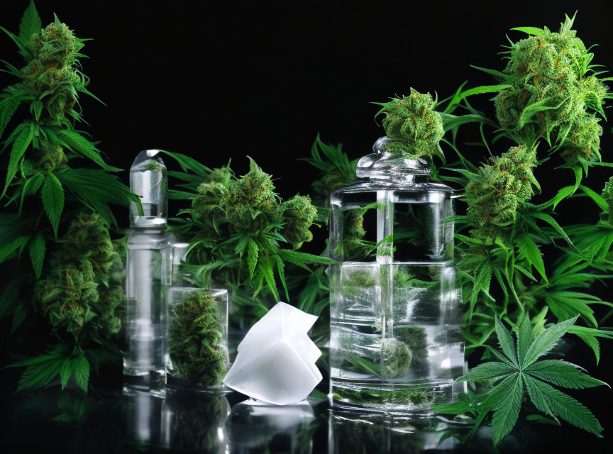 Various cannabis buds, glass container, rolled paper, and grinder on reflective surface.